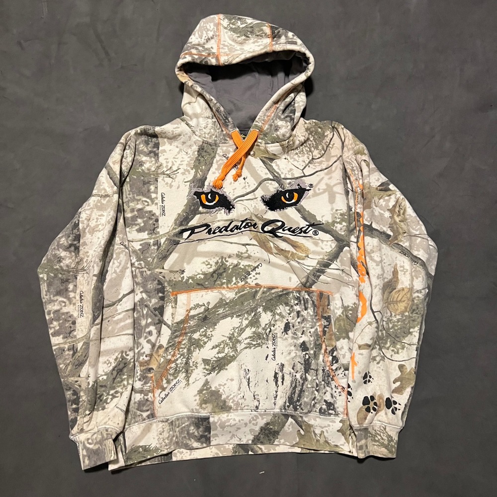 Cabelas Predator Quest Hoodie Mens Medium Zonz Woodlands Camo Graphic Pullover